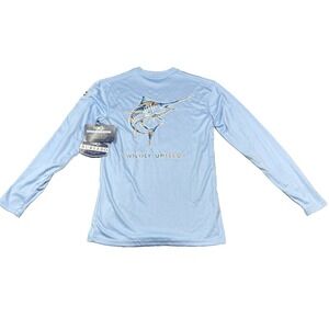 Burlebo Performance Fishing Tee Shirt Mens Small Blue Long Sleeve Marlin NEW